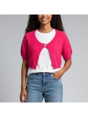 Express Angora Rabbit Hair Sweater Hot Pink Bombshell Knit Shrug Crop Womens M